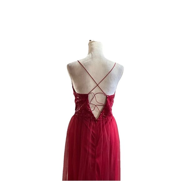 Fashion Nova Dress Cherry Red Ayana Corset Sequin Tulle Mesh Overlay Double Slit - Picture 5 of 16